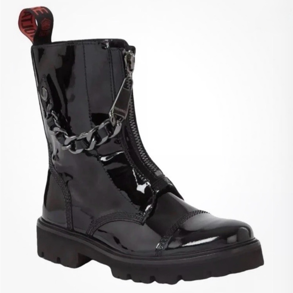 Zadig & Voltaire Joe Cecilia Patent Leather Combat Boots Chain Accent Sz 8 NWOB